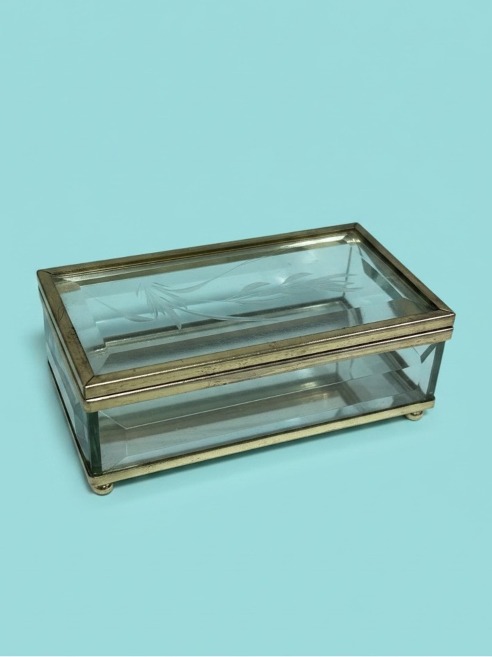 Vintage Etched Glass Brass Jewelry Box Hinged